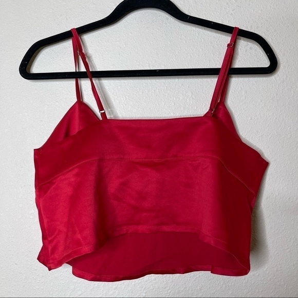 Tiger Mist Red Satin V Neck Cami Crop Top - Picture 2 of 5